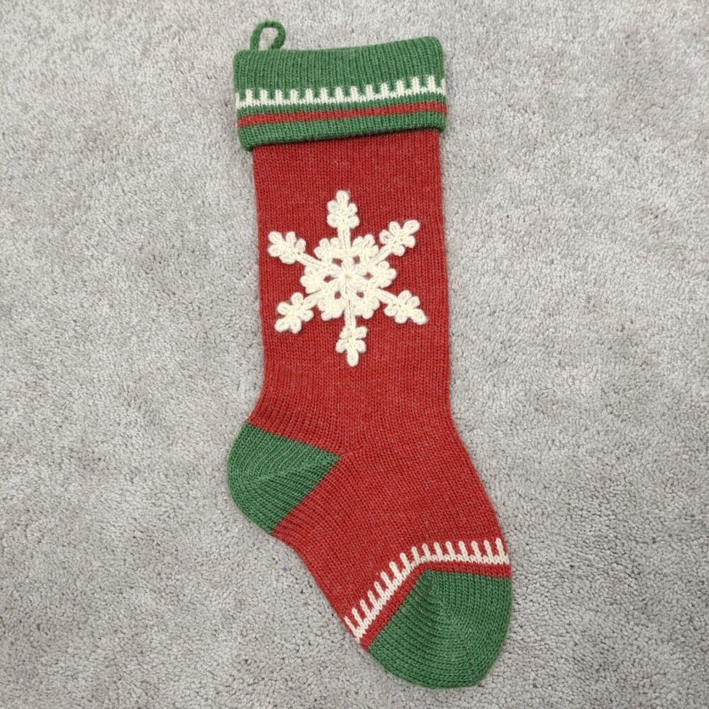 Vtg Red Green Wool Knit Christmas Stocking w/ White Crochet Snowflake Applique